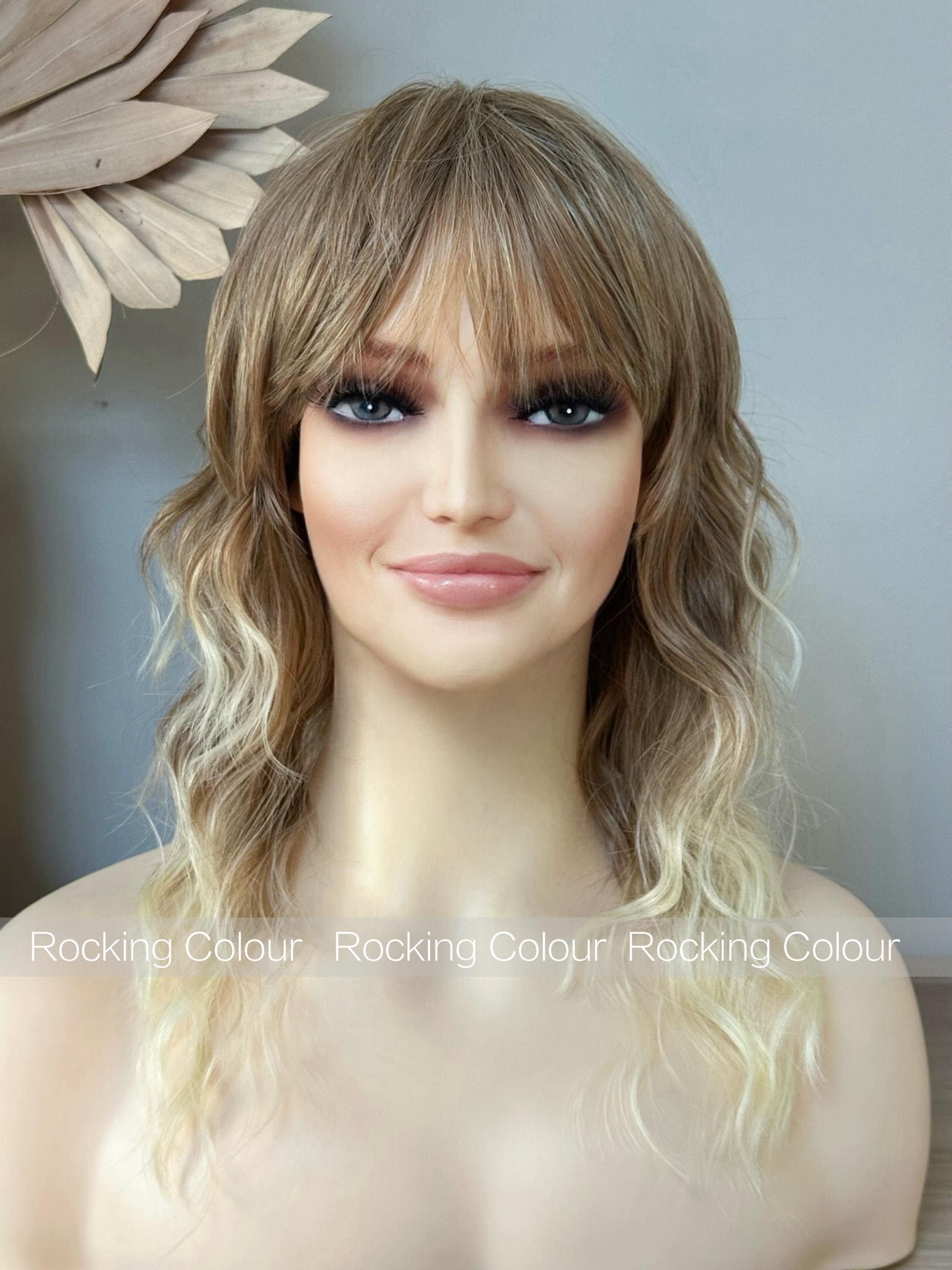 Blonde Ombre Mullet Wig with Bangs 16-Inch Wavy Wolf Cut Shoulder-Length Cosplay Hair & Everyday Style with Free Cap