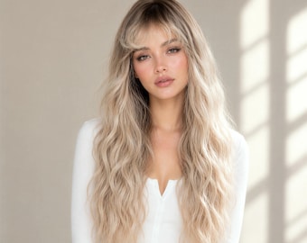 22-Inch Ash Blonde Ombre Wavy Wig with Bangs | Dark Root to Silver Blonde