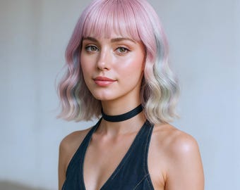 Rainbow Unicorn Bob Wig with Bangs | 12-Inch Short Wavy Multi Colour Synthetic Hair
