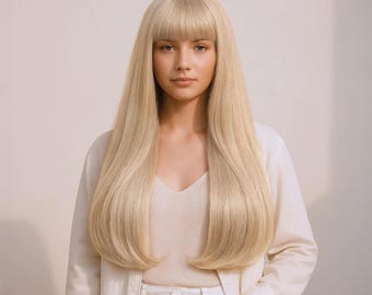 24-Inch Long Blonde Straight Wig with Bangs | Fringe Style Synthetic Hair, Natural Look