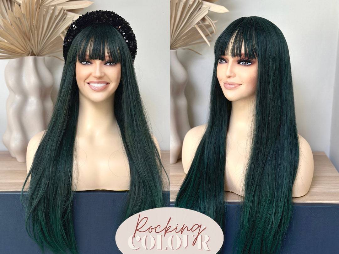 24'' Extra Long Straight Dark Green Wig With Bangs Etsy