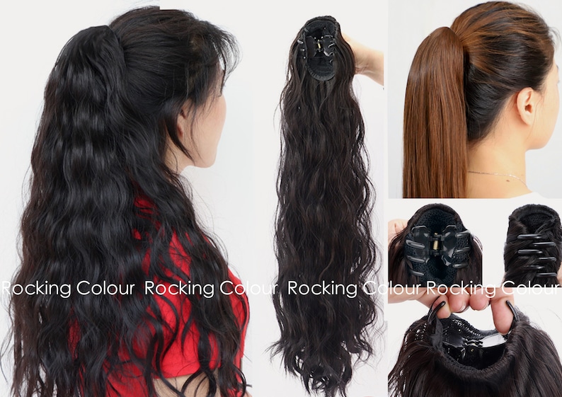 K&ouml;nnte beinhalten: Eine schwarze, gewellte Haarverl&auml;ngerung mit Clip-in-Design. Die Verl&auml;ngerung wird von einer Person mit einem Pferdeschwanz getragen und auch mit dem Clip-in-Mechanismus gezeigt.