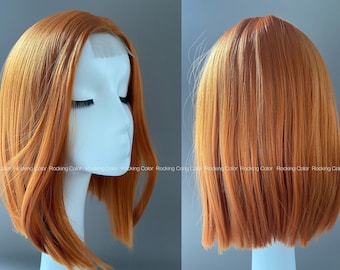 12'' Small Part Lace Front Orange Wavy Short Wig - Short Synthetic Wig. FREE Wig Cap