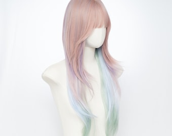 24-Inch Pastel Rainbow Wig with Bangs – Long Straight Gradient Hair in Pink, Lavender, Blue & Mint for Cosplay/Everyday Magic. Free Wug Cap