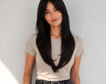 22-Inch Dark Chocolate Brown Straight Wig with Curtain Bangs | Long Layered Synthetic Hair
