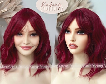 12'' Red Short Wavy Wig with Bangs - Red Bob Wave Wig - Bright Red short wig -Free wig cap