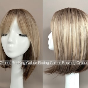 12'' Brown Root Blonde Ombre Straight Synthetic Wig with Bangs -FREE Wig Cap