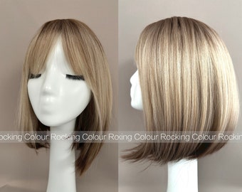 12'' Brown Root Blonde Ombre Straight Synthetic Wig with Bangs -FREE Wig Cap