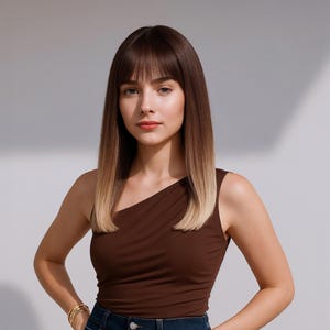 ブラウンオンブレブロンドボブウィッグ（前髪付き）、14インチストレートヘア、ナチュラルルック、無料ウィッグキャップ、スタイリッシュなショート合成ヘアピース