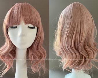 14'’ Light Pink Wavy Bob Wig with Bangs. FREE Wig Cap