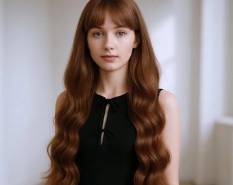 May include: A person with long, wavy, auburn hair and straight-cut bangs, wearing a sleeveless black top featuring a high neckline with two small, decorative fabric ties at the centre of the chest, creating a subtle keyhole opening detail.