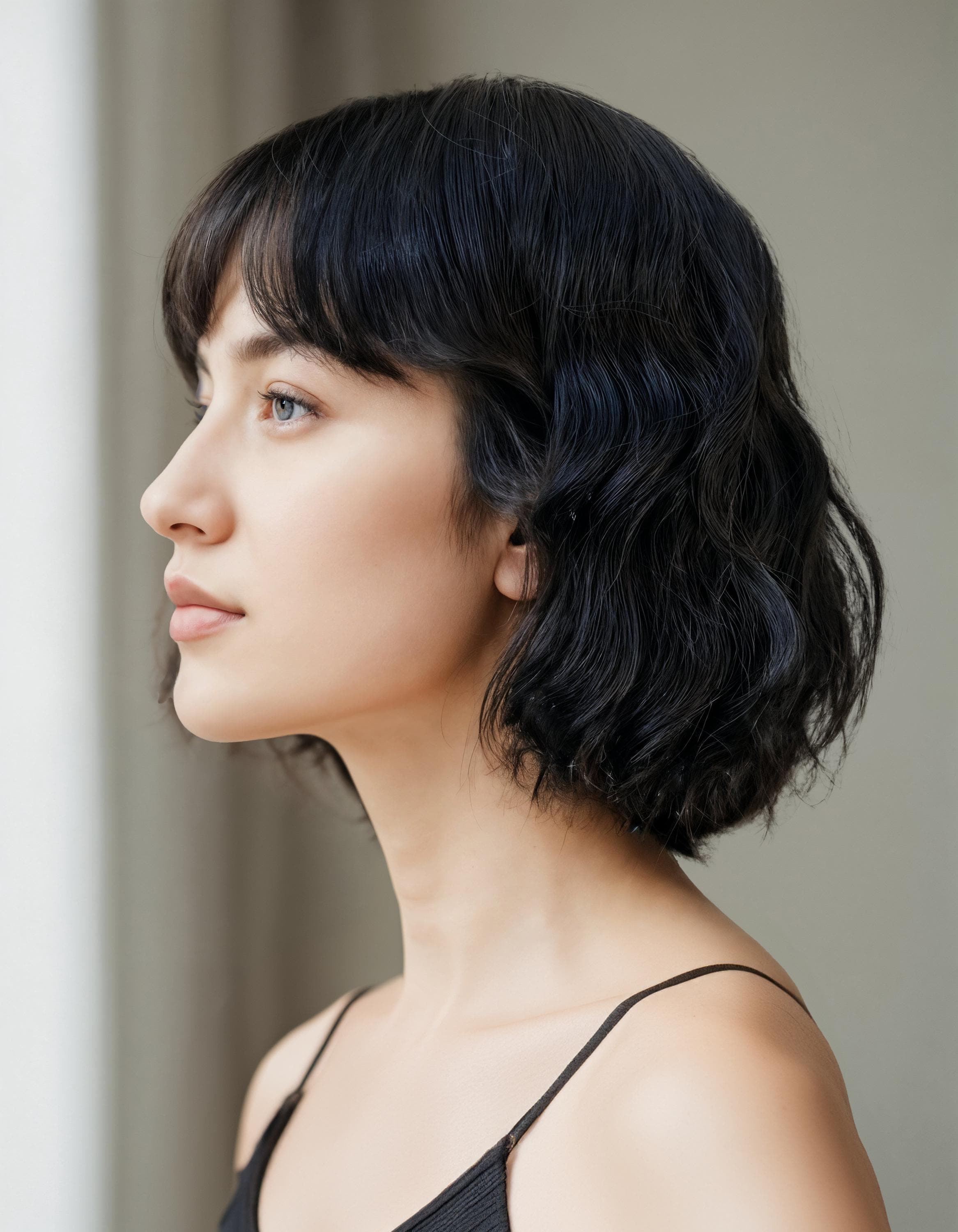 Black Wavy Bob Wig With Bangs | 12-inch Short Synthetic Hair 