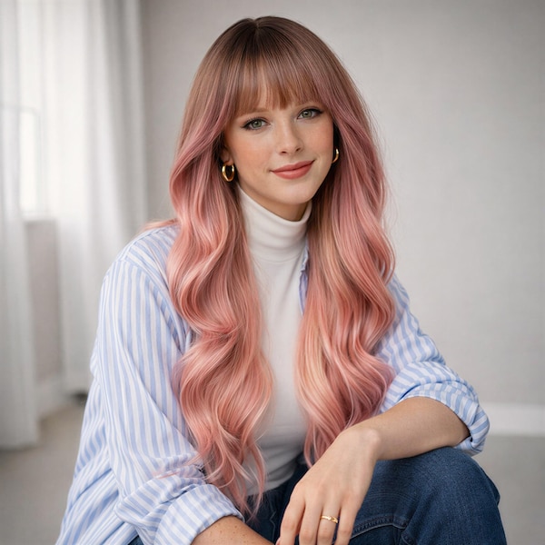Rosa Ombre Wavy Perücke mit Pony | 26-Zoll-Dark Root Light Pink Synthetisches Haar