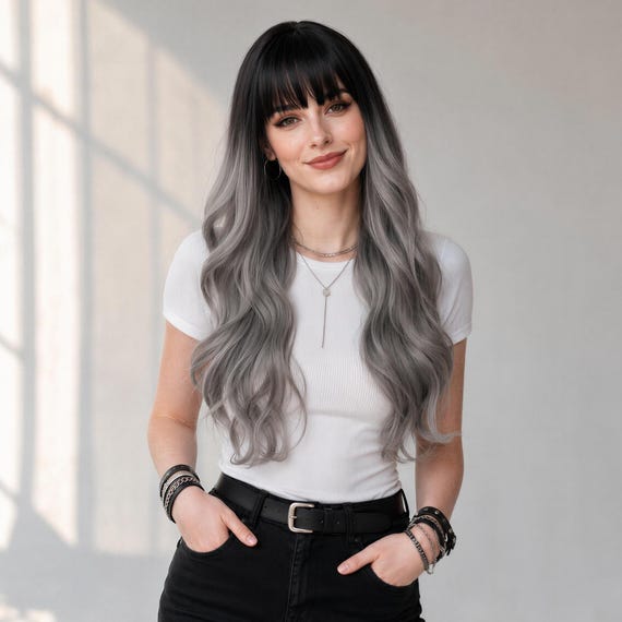 24-Inch Silver Grey Ombre Long Wavy Wig with Bangs | Dark Root Synthetic Hair