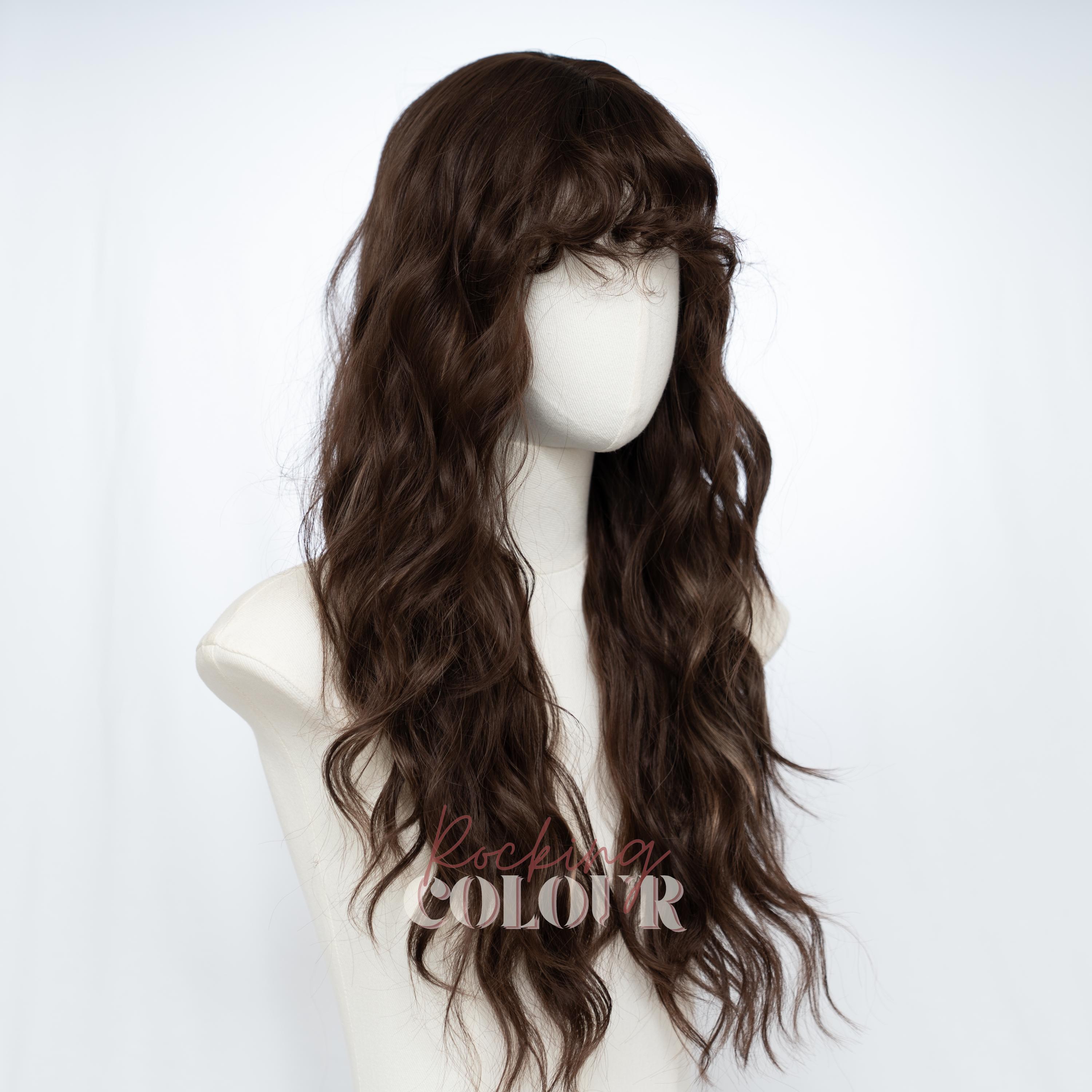 Perruque Synthétique Longue Brune Foncée - Raie Libre, Frange Lisse - Taille Moyenne - Neuf Sans étiquettes