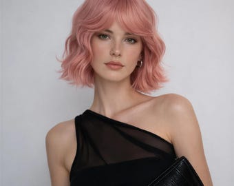 12-Inch Rose Pink Wavy Bob Wig with Bangs | Soft Short Layered Hair
