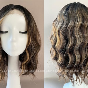 14'' Small Lace Front Brown Bronze Highlight Wavy Bob Synthetic Wig-FREE Wig Cap