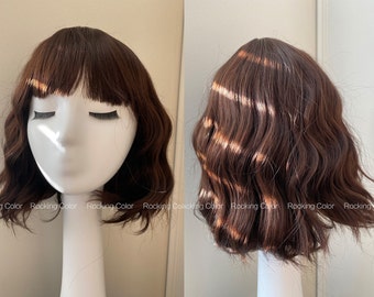 12'' Brown Short Wavy Bob Wig with Bangs- short wigs-FREE Wig Cap