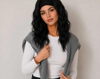 14-Inch Shoulder Length Headband Wig | Short Wavy Natural Black Synthetic Hair