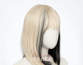12-Inch Straight Blonde Bob Wig with Black Streaks & Bangs