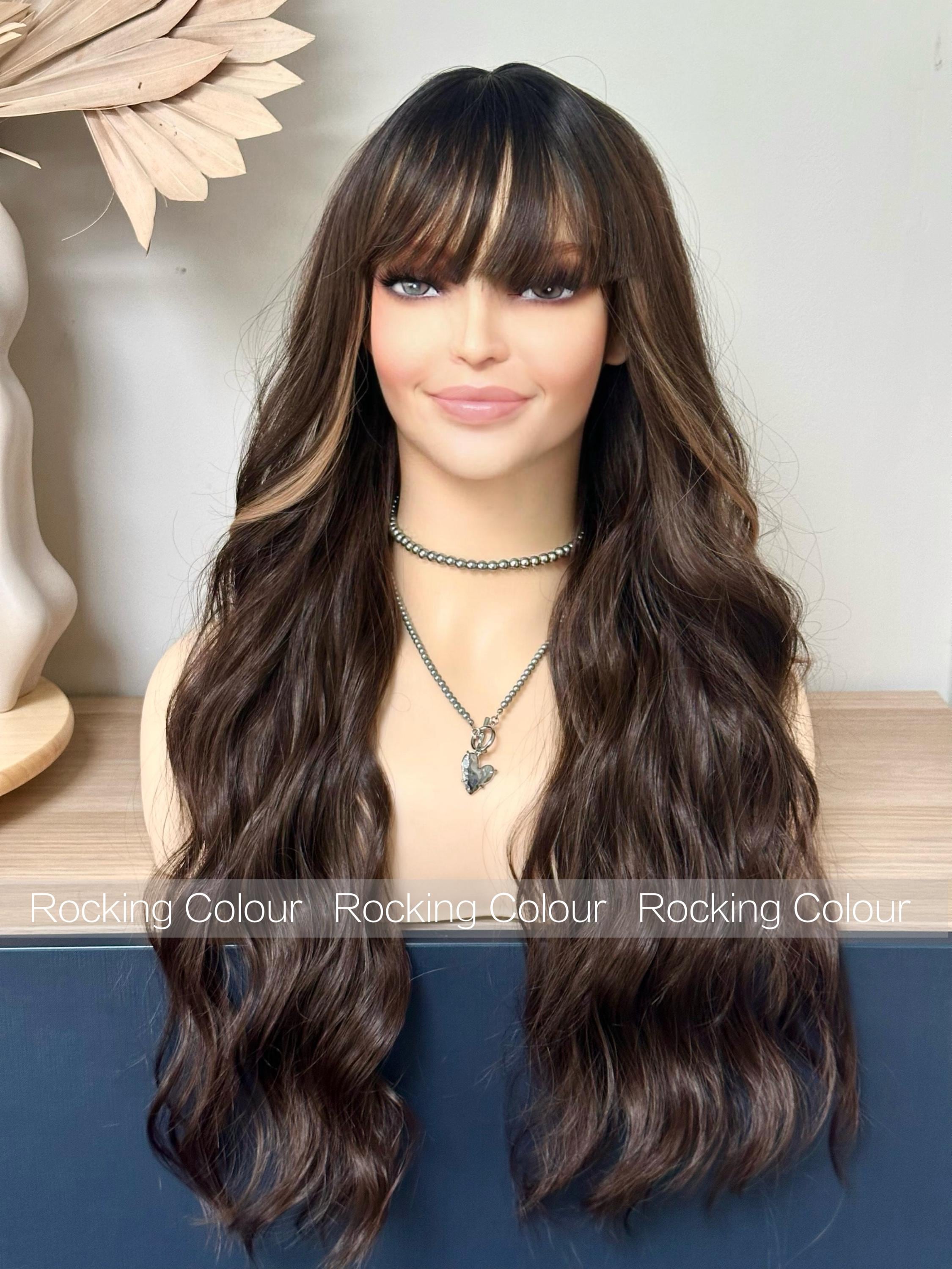 Long Wavy Brown Synthetic Wig with Bangs, 26-Inch Dark Brown Highlights, Natural Look Heat Resistant Fiber & Free Wig Cap