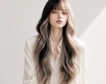 May include: A long, wavy wig featuring a split-color design with one side in deep black and the other in a light platinum blonde shade. The hair is styled with soft, loose waves and straight-cut bangs that frame the face, creating a distinct contrast.