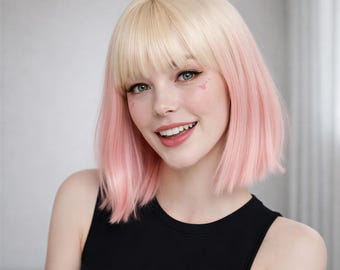 Blonde Bob Wig with Pink Ends and Bangs | 10-Inch Short Synthetic Hair