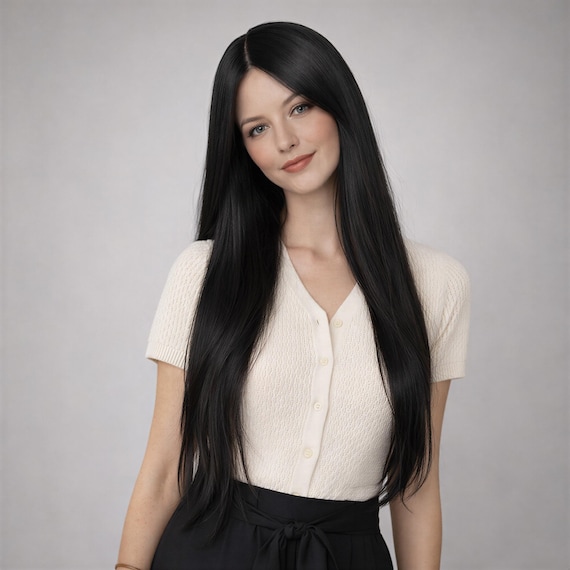 28-Inch Jet Black Straight Small Lace Front Wig | Extra Long Synthetic Hair
