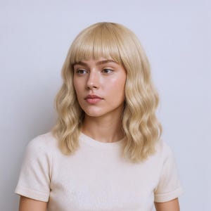 Blonde Wavy Bob Wig with Bangs, 14-Inch Shoulder Length Gold Blonde Hair, Natural Look, FREE Wig Cap Included