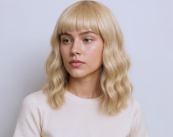 Blonde Wavy Bob Wig with Bangs, 14-Inch Shoulder Length Gold Blonde Hair, Natural Look, FREE Wig Cap Included