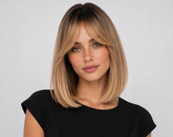 12-Inch Dark Root Blonde Bob Wig with Bangs | Straight Fashion Hair