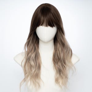 22-Inch Wavy Ombre Wig with Bangs – Dark Brown to Ash Blonde Synthetic Hair, Soft Texture + Free Wig Cap