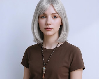Grey Silver Bob Wig 10 Inch Short Straight Hair with FREE Wig Cap Stylish Natural Look