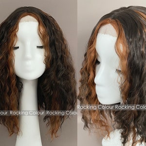 16'' Small Lace Front Dark Brown High Light Curly Shoulder Wig. FREE Wig Cap