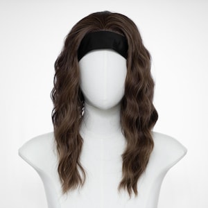 14-Inch Shoulder Length Headband Wig – Short Wavy Medium Brown Synthetic Hair, Free Wig Cap & Bonus Headband Included