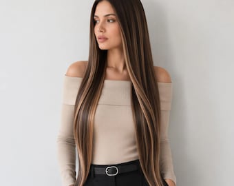26-Inch Brown Balayage 13x4 Lace Front Wig | Straight Synthetic Hair with Warm Chestnut Highlights