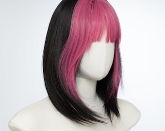 Black and Pink Straight Bob Wig with Bangs | 12-Inch Two Tone Synthetic Hair