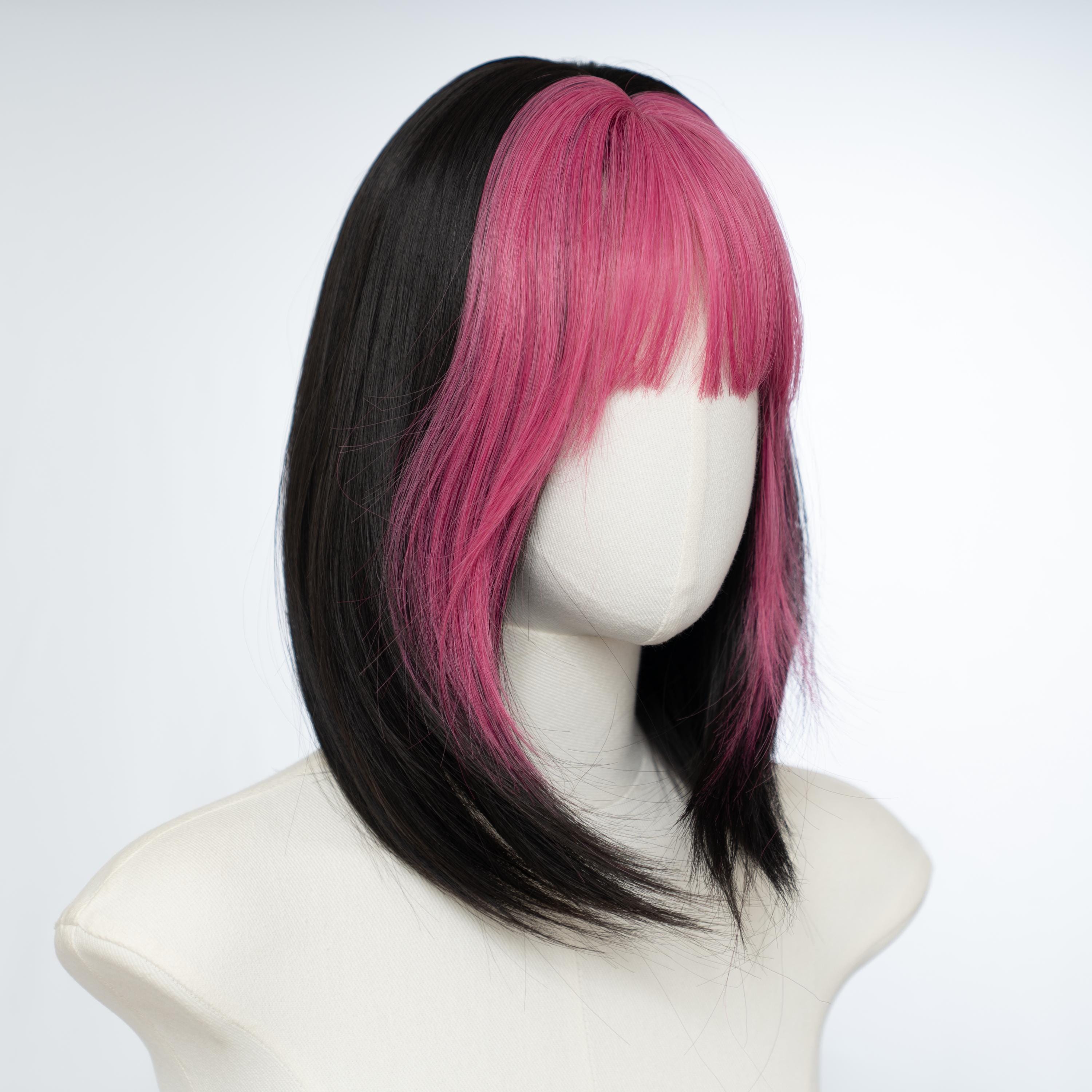 Black and Pink Straight Bob Wig With Bangs | 12-inch Two 