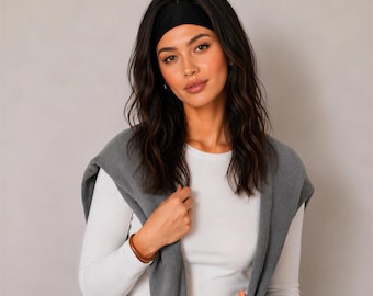 14-Inch Dark Brown Headband Wig | Short Wavy Shoulder-Length Hair with Caramel Highlights