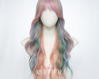 Peluca ondulada arcoíris de 61 cm / Flequillo multicolor pastel para cosplay y moda