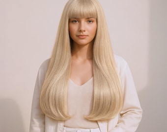 Long Blonde Straight Wig with Bangs 24 Inch Fringe Natural Look Hair for Women + FREE Wig Cap