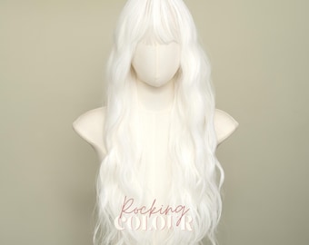 Peruca branca ondulada de 60 cm com franja | Estilo fantasia longo