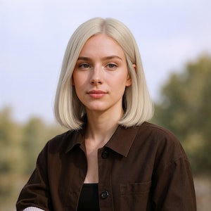 Könnte beinhalten: Eine Person mit kurzen, glatten, hellblonden Haaren, die ein dunkelbraunes Hemd mit Knöpfen über einem schwarzen Oberteil trägt. Der Hintergrund ist verschwommen mit natürlichen Farbtönen.