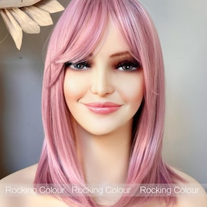 Pink Short Wig with Bangs/12-Inch Pink Shoulder-Length Straight Side-Fringe Wig. Free Wig Cap