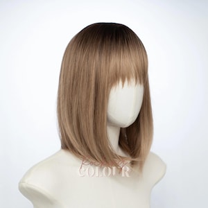 Peluca bob balayage castaño claro con flequillo / Cabello sintético liso con mechas de 30 cm imagen 2
