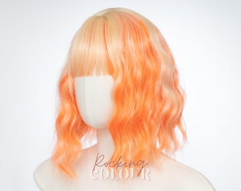 12-Inch Orange Ombre Bob Wig with Bangs | Short Wavy Blonde to Orange Synthetic Hair