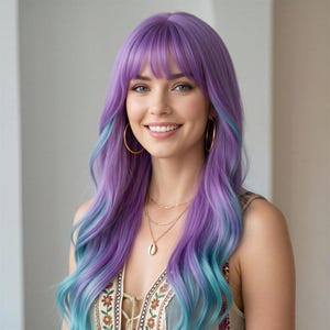 Purple to Blue Ombre Wavy Wig with Bangs | 24-Inch Long Vibrant Synthetic Hair