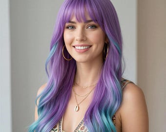 Purple to Blue Ombre Wavy Wig with Bangs | 24-Inch Long Vibrant Synthetic Hair