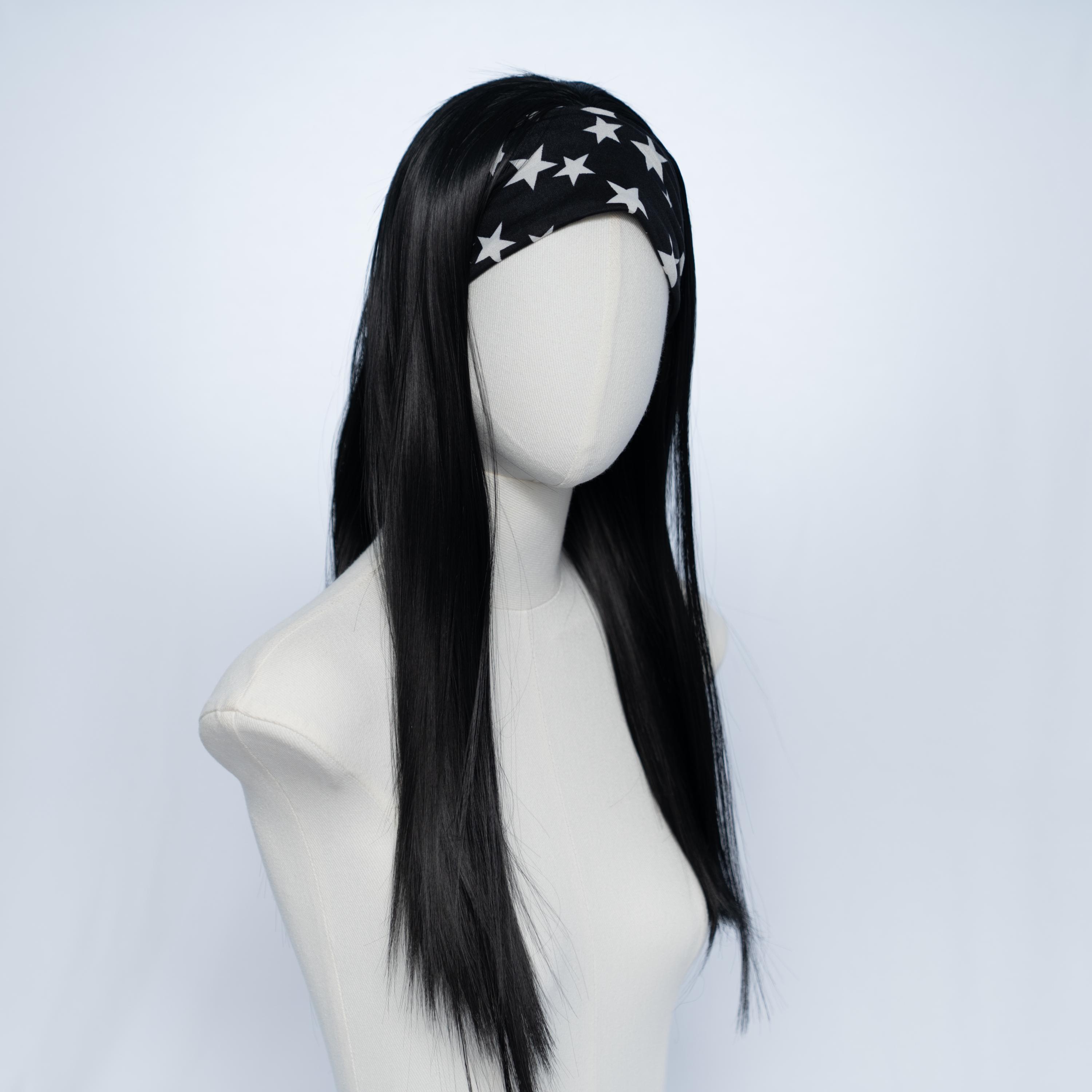 20-Inch Jet Black Straight Headband Wig – Glueless Easy Wear with Free Wig Cap & Extra Patterned Headband