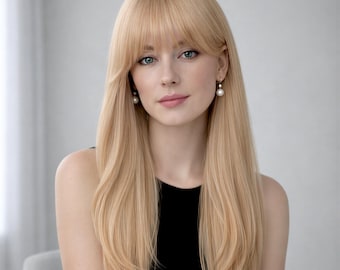 22-Inch Light Blonde Straight Wig with Bangs | Natural Layered Synthetic Hair